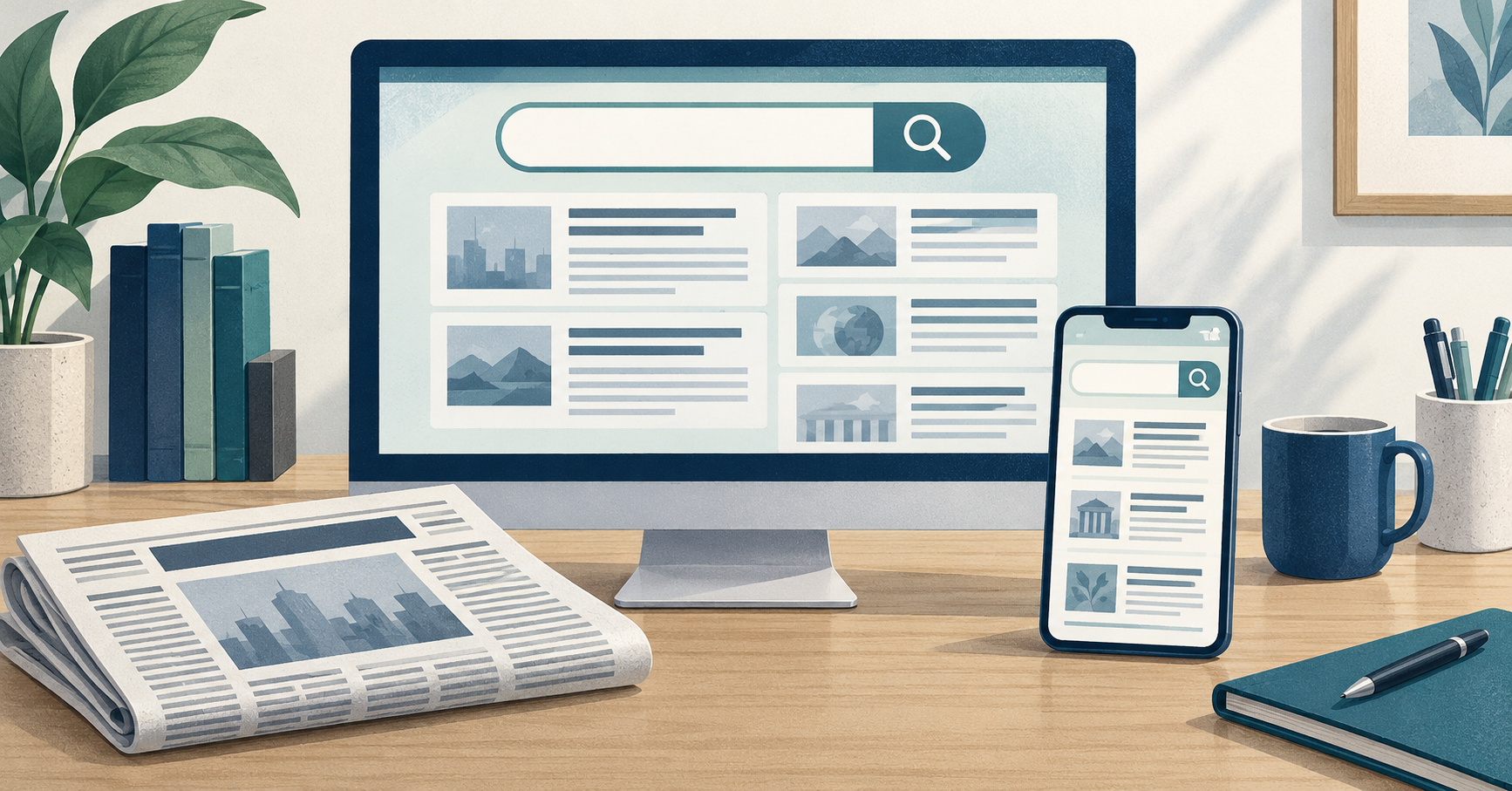 新聞記事の検索画面を表示するパソコンとスマートフォン、机上の新聞