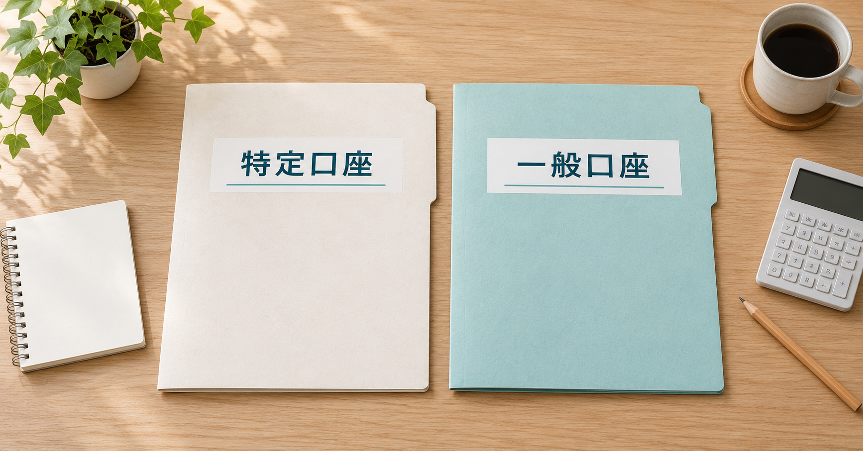 特定口座・一般口座と書かれた2冊の書類フォルダーと白紙のノート、電卓
