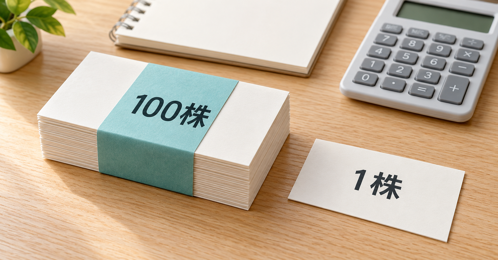 100株と書かれたカードの束と1株のカード、電卓とノート